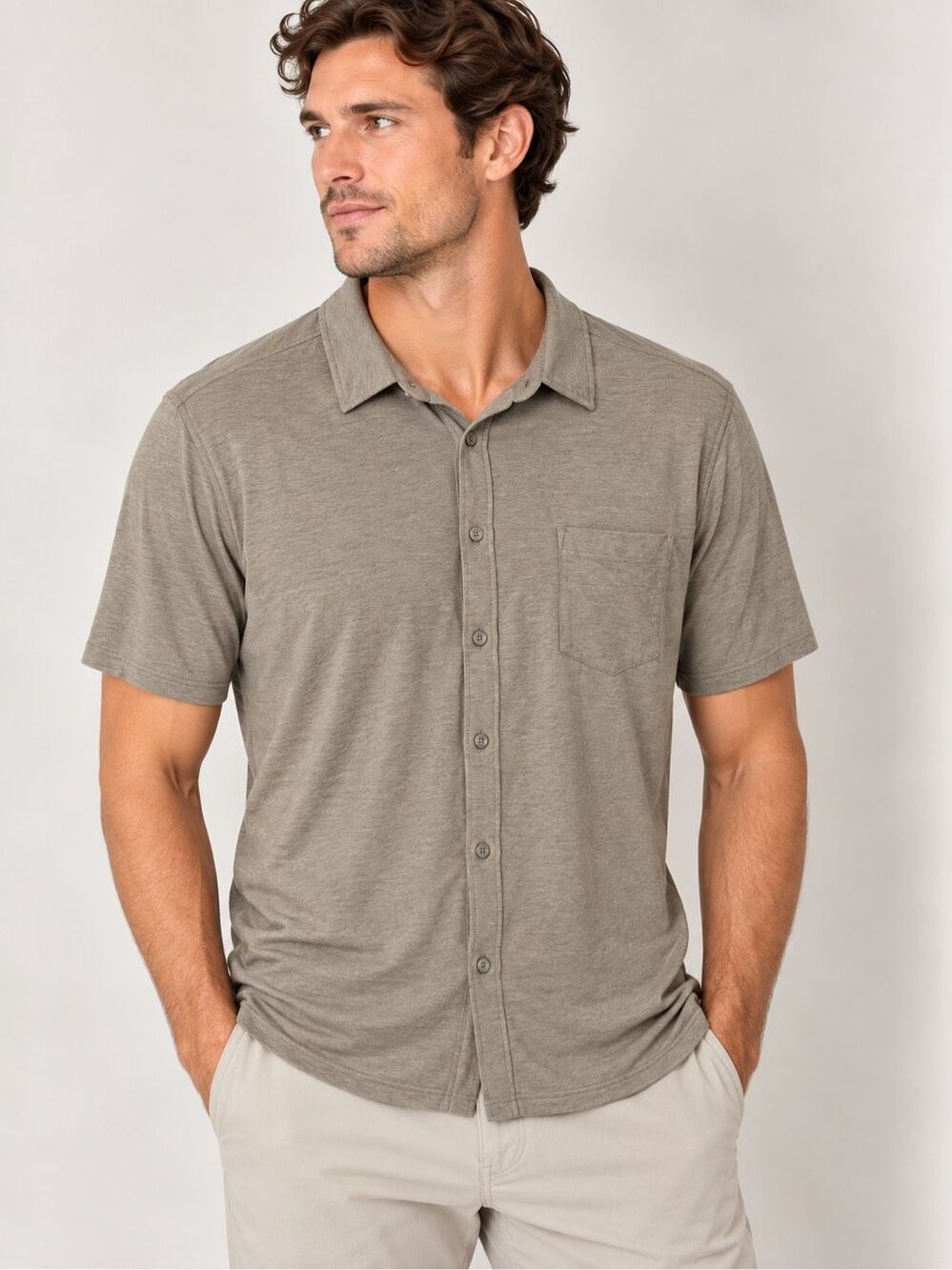 Vuori Men’s Polo Shirt Size Medium Beige Short Sleeve Buttons Comfy Soft